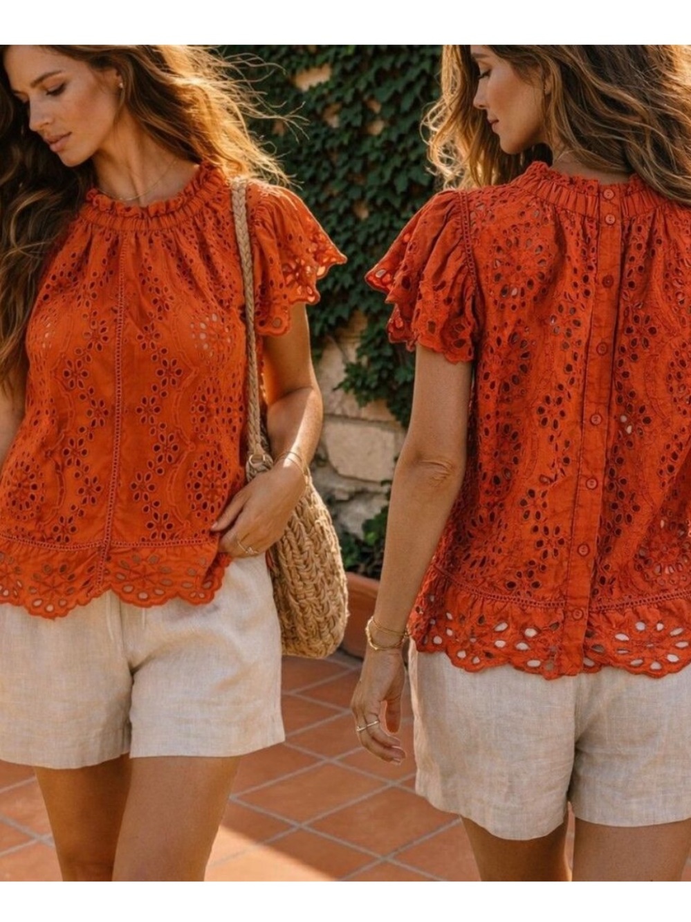 Like New Jennifer & Grace Orange Eyelet Lace Flutter Sleeve, ruffled neck Size S